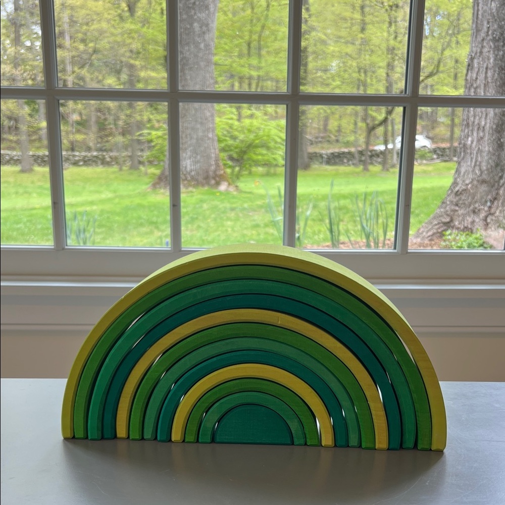 Wooden Stacking Rainbow Toy in Green & Yellow - Kids Building Arches